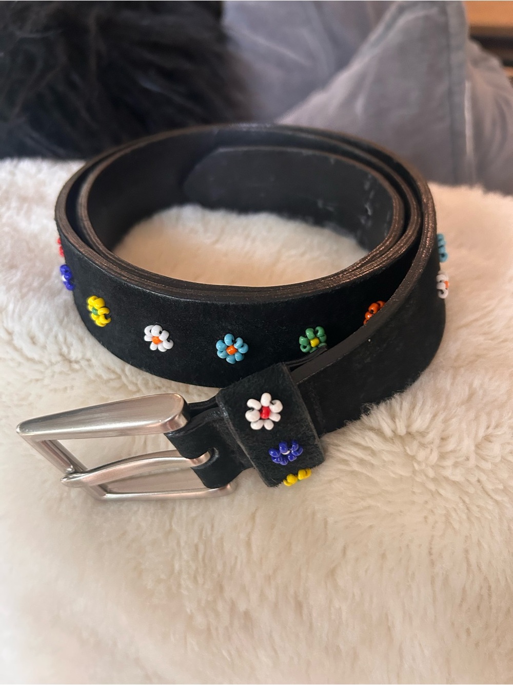 Black Leather Beaded Flower Belt - Colorful Seed Beads